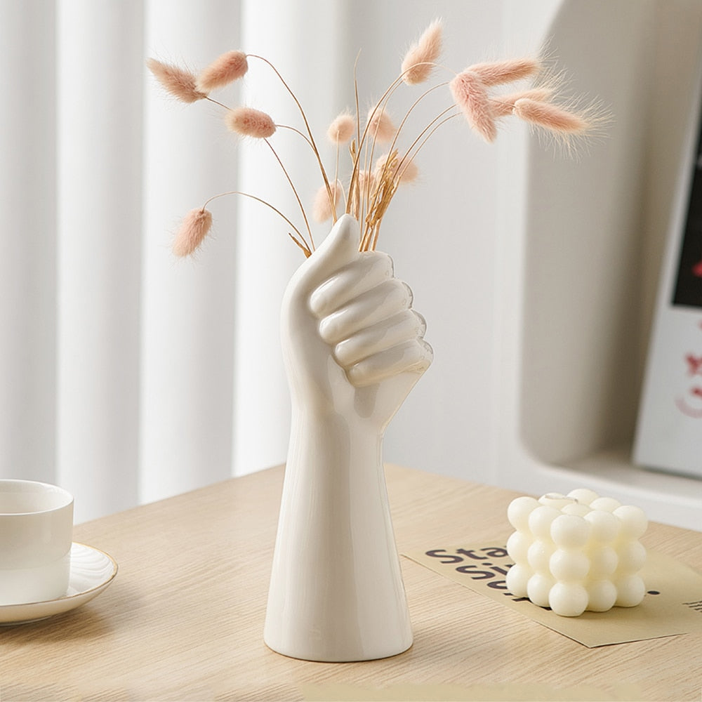 White Ceramic Hand Vase for Hydroponic Flower Arrangement