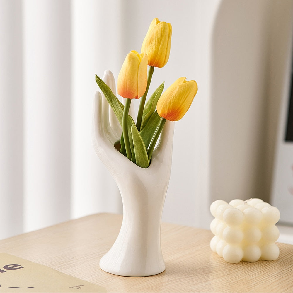 White Ceramic Hand Vase for Hydroponic Flower Arrangement